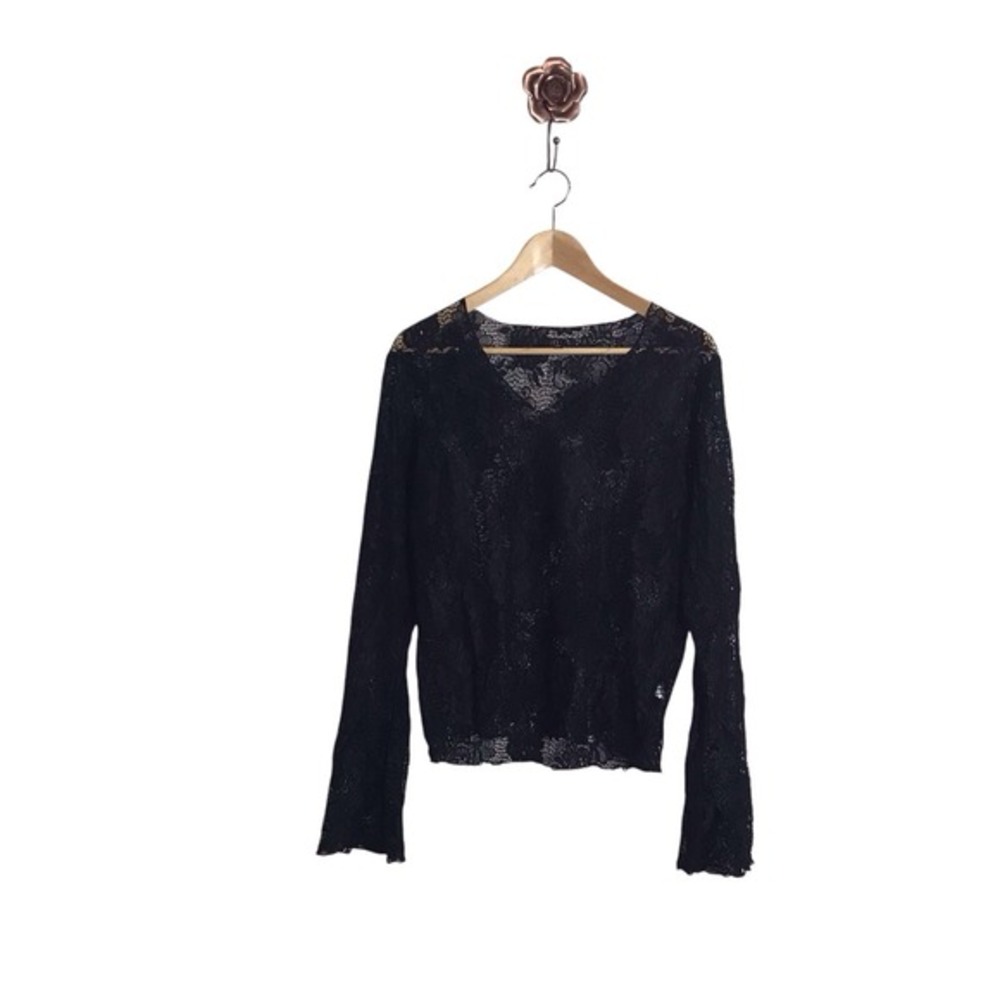 Delias 2x Black Lace Semi Sheer Flare Sleeve Top Y2K Witchy‎ Grunge Whimsigoth